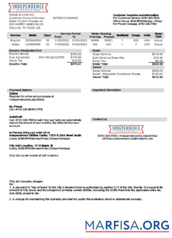 Realistic City of Independence, Missouri utility business bill, SCR download for verification